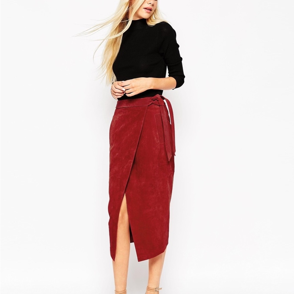 ASOS Red Suede Wrap Skirt Obi Belt